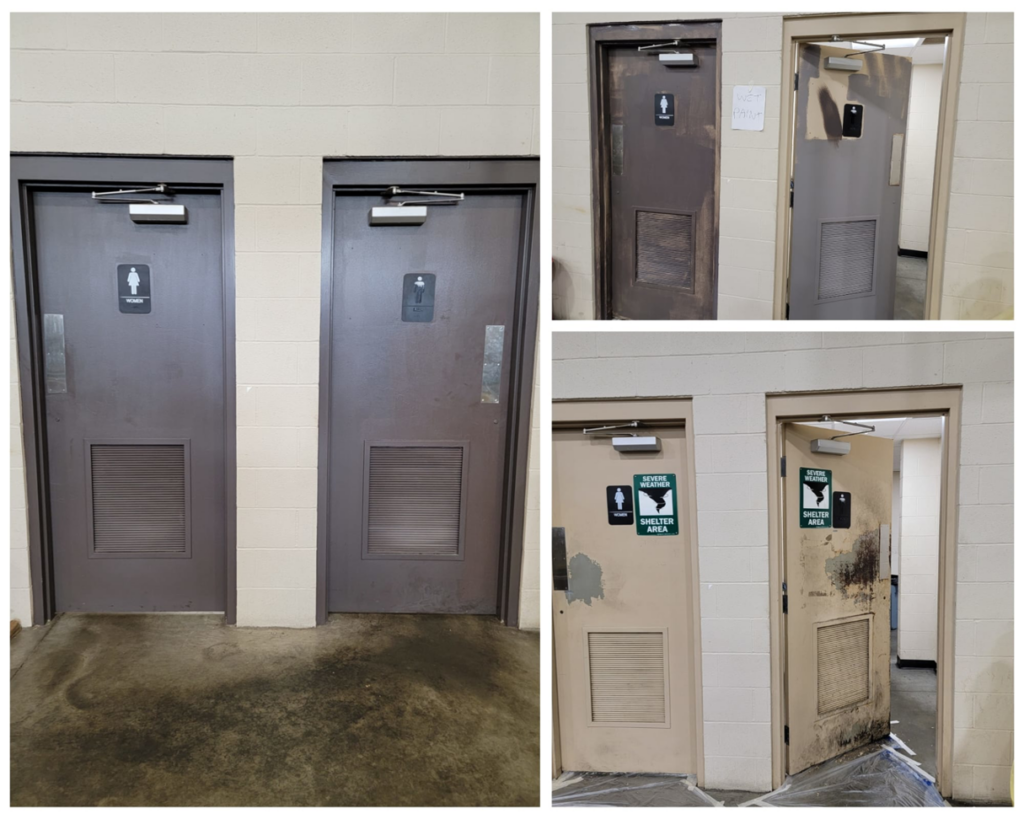 Before and after comparison of restroom doors painted by Power Pro Painting in Cleveland, OH