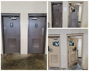 Before and after comparison of restroom doors painted by Power Pro Painting in Cleveland, OH