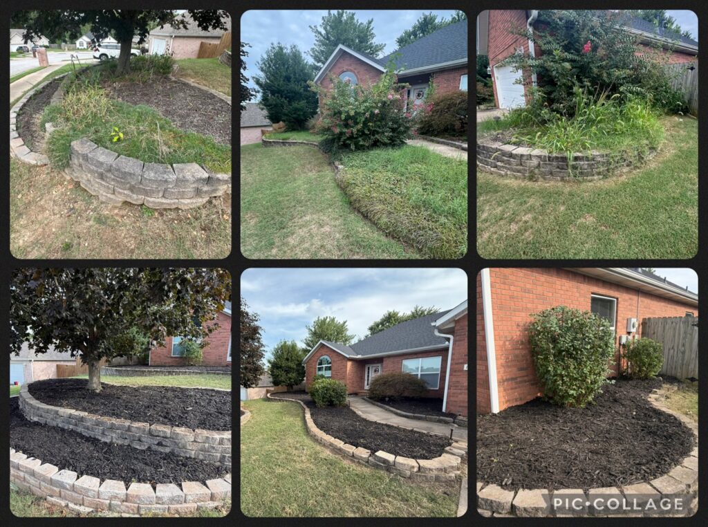 A collage showing before and after landscaping work, including retaining walls and fresh mulch, by HomeFront Services LLC in Fayetteville, AR