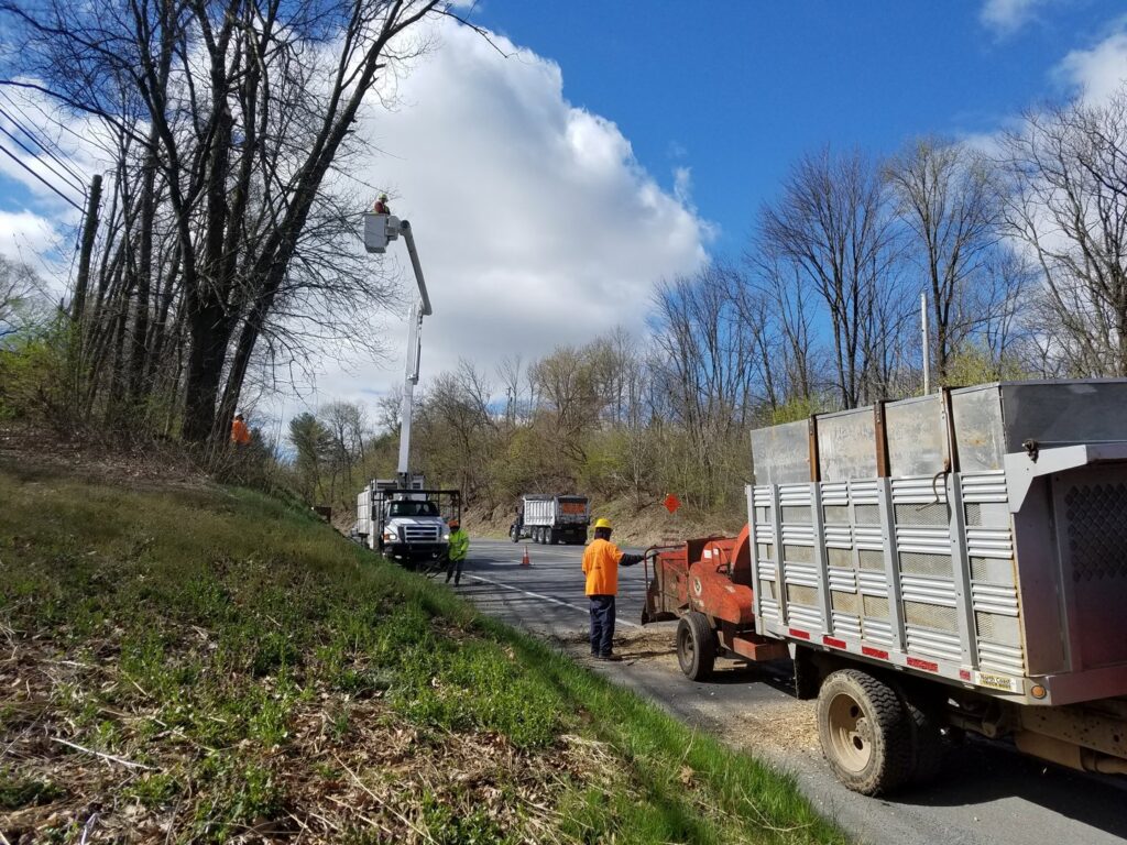 A tree service crew with a bucket truck and chipper performing roadside tree clearing for Morgan Brothers Tree Care Solutions in Birdsboro, PA
