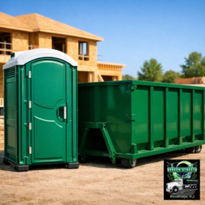 A green roll-off dumpster at a construction site for debris removal by Green Street Services in Woodbridge Township, NJ.
