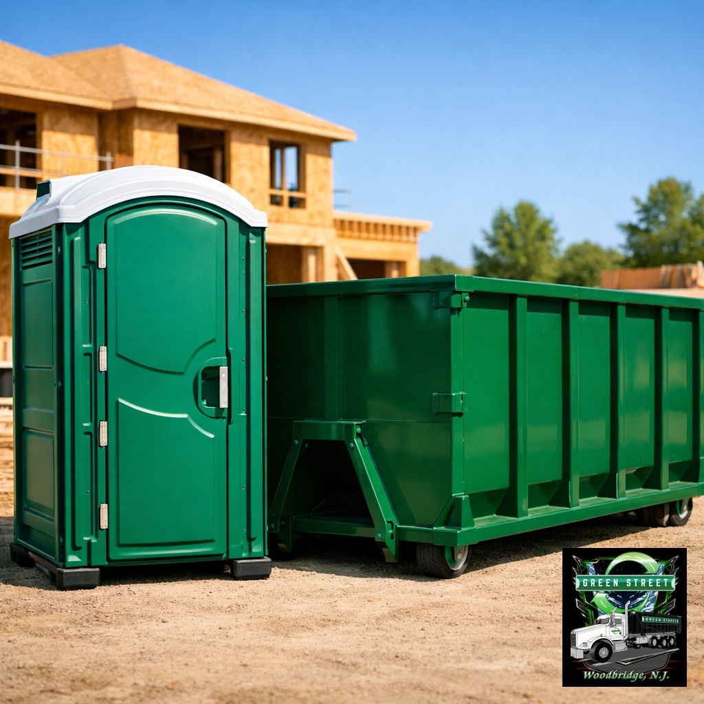 A green roll-off dumpster at a construction site for debris removal by Green Street Services in Woodbridge Township, NJ.