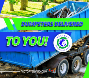 A roll-off dumpster filled with various junk and debris being delivered or picked up by Victory Environmental and Waste in High Point, NC.