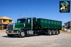 A green roll-off truck delivering a dumpster for junk removal by Green Street Services in Woodbridge Township, NJ.