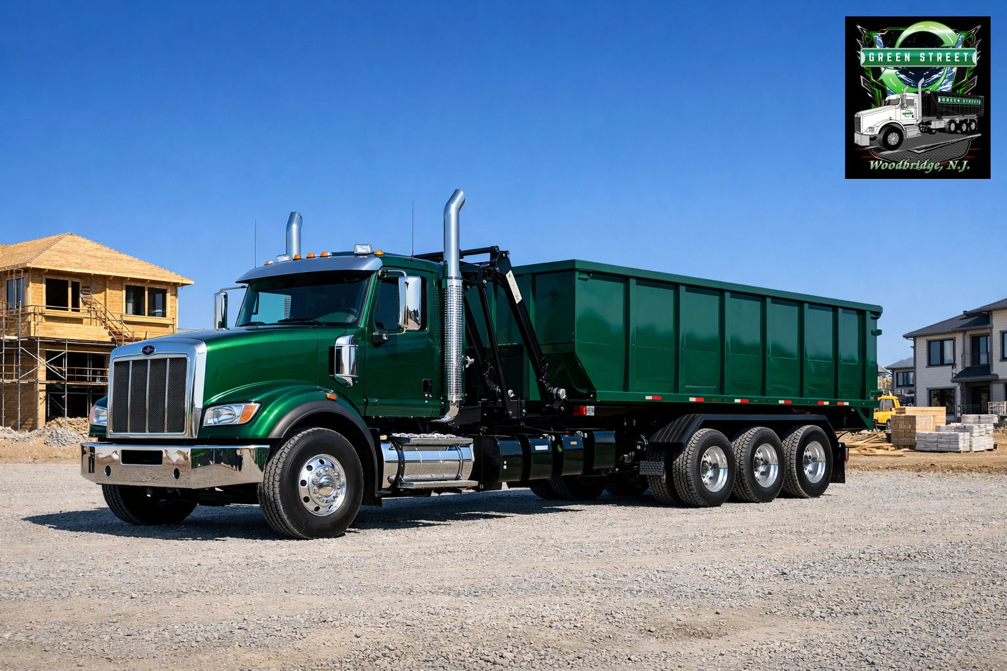 A green roll-off truck delivering a dumpster for junk removal by Green Street Services in Woodbridge Township, NJ.