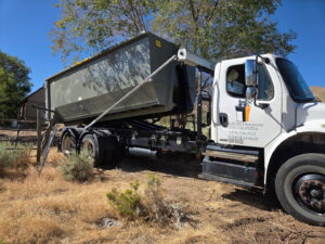 A white roll-off truck with a dumpster, branded Trash Panda, parked in Carson City, NV, ready for junk removal.