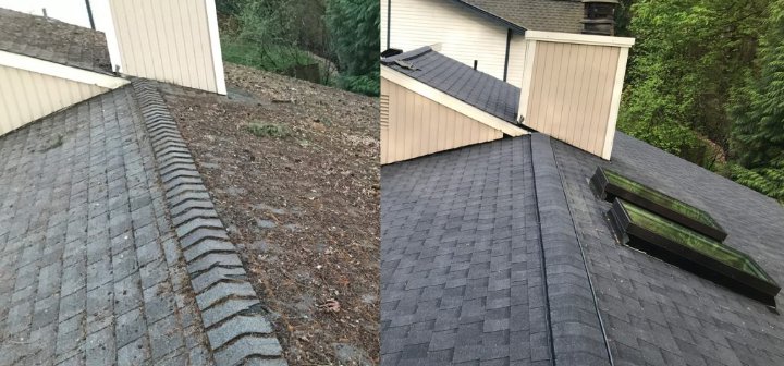 Before and after comparison of a roof, showing cleaning and shingle replacement by McCollister Contracting LLC in New Castle, DE.