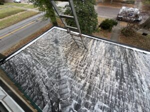 A residential roof being cleaned, with a ladder visible and clear distinction between cleaned and uncleaned sections by OG Renovations in Huntington, WV.