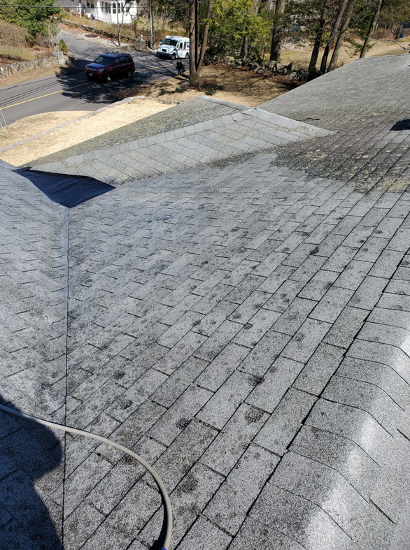 A residential roof being cleaned with power washing, showing the progress by Superior Power Wash in Danbury, CT.