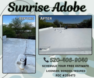Before and after comparison of a roof coating service completed by Sunrise Adobe LLC in Tucson, AZ.