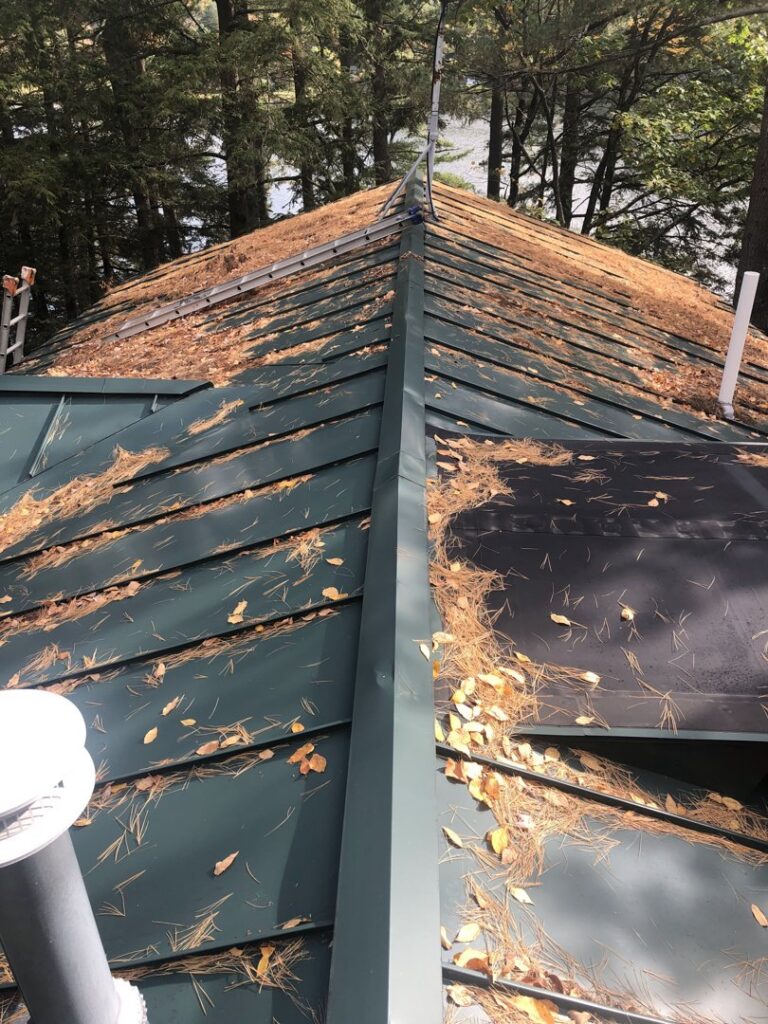 A roof heavily covered with pine needles and leaves, indicating a need for cleaning by Phoenix's Cleaning Service, LLC in Rutland, VT.