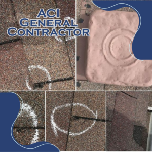 A collage showing hail damage on a roof and a repair patch by ACI - General Contractor in Montgomery, IL.