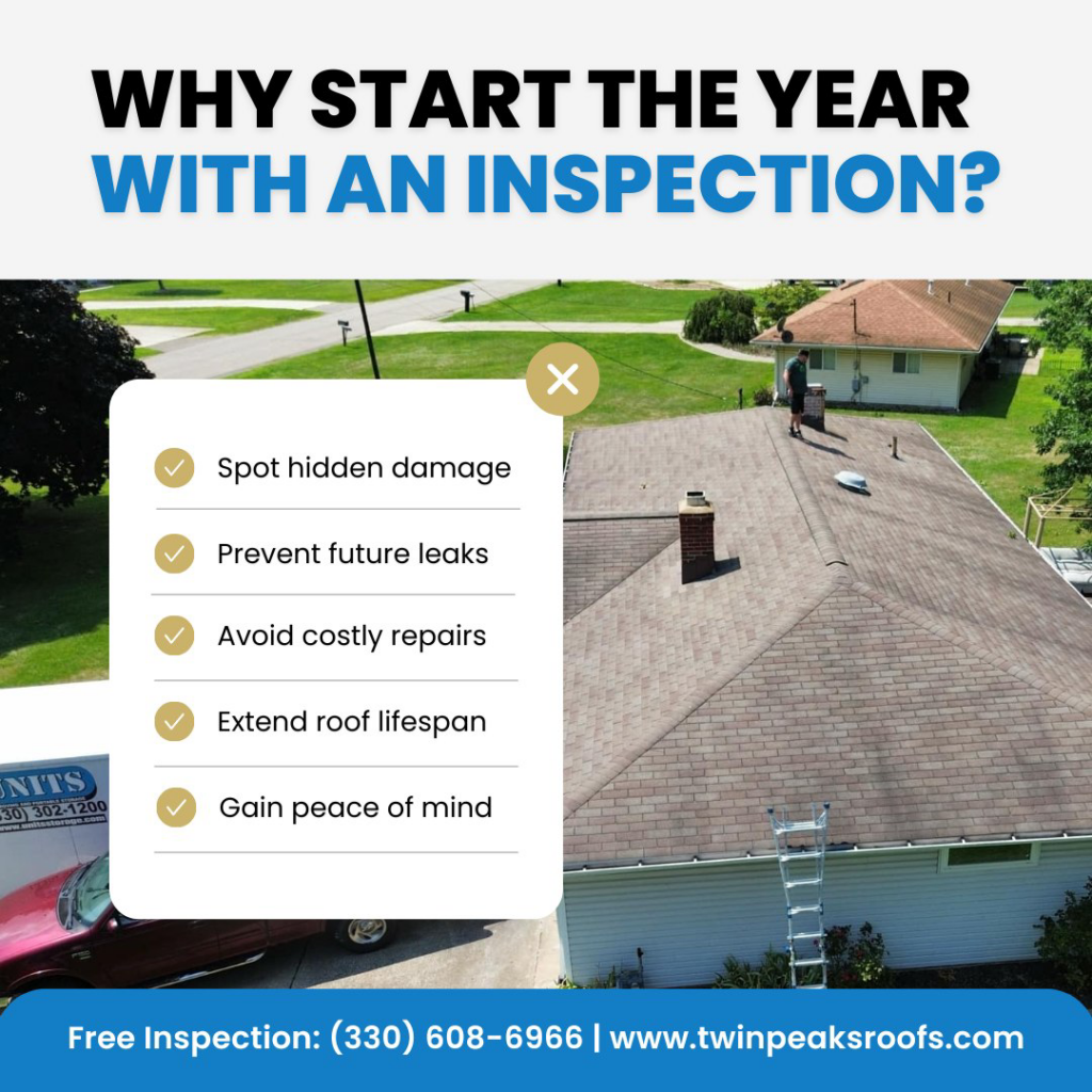 A professional conducting a roof inspection on a residential house by Twin Peaks Roofing & Construction in Akron, OH