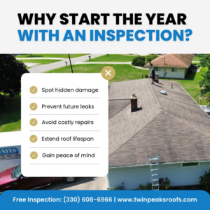 A professional conducting a roof inspection on a residential house by Twin Peaks Roofing & Construction in Akron, OH