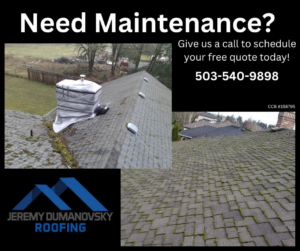 Roof maintenance and chimney repair showing mossy shingles and a wrapped chimney by Jeremy Dumanovsky Roofing in Salem, OR.