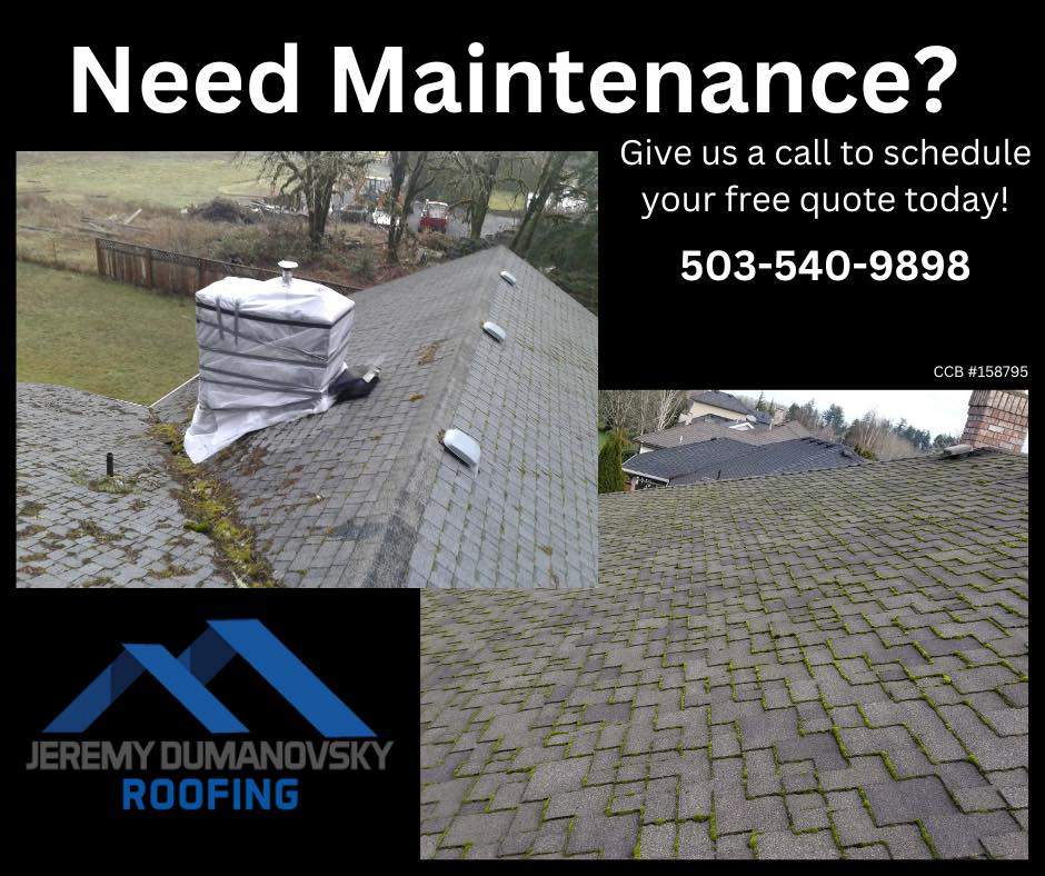 Roof maintenance and chimney repair showing mossy shingles and a wrapped chimney by Jeremy Dumanovsky Roofing in Salem, OR.
