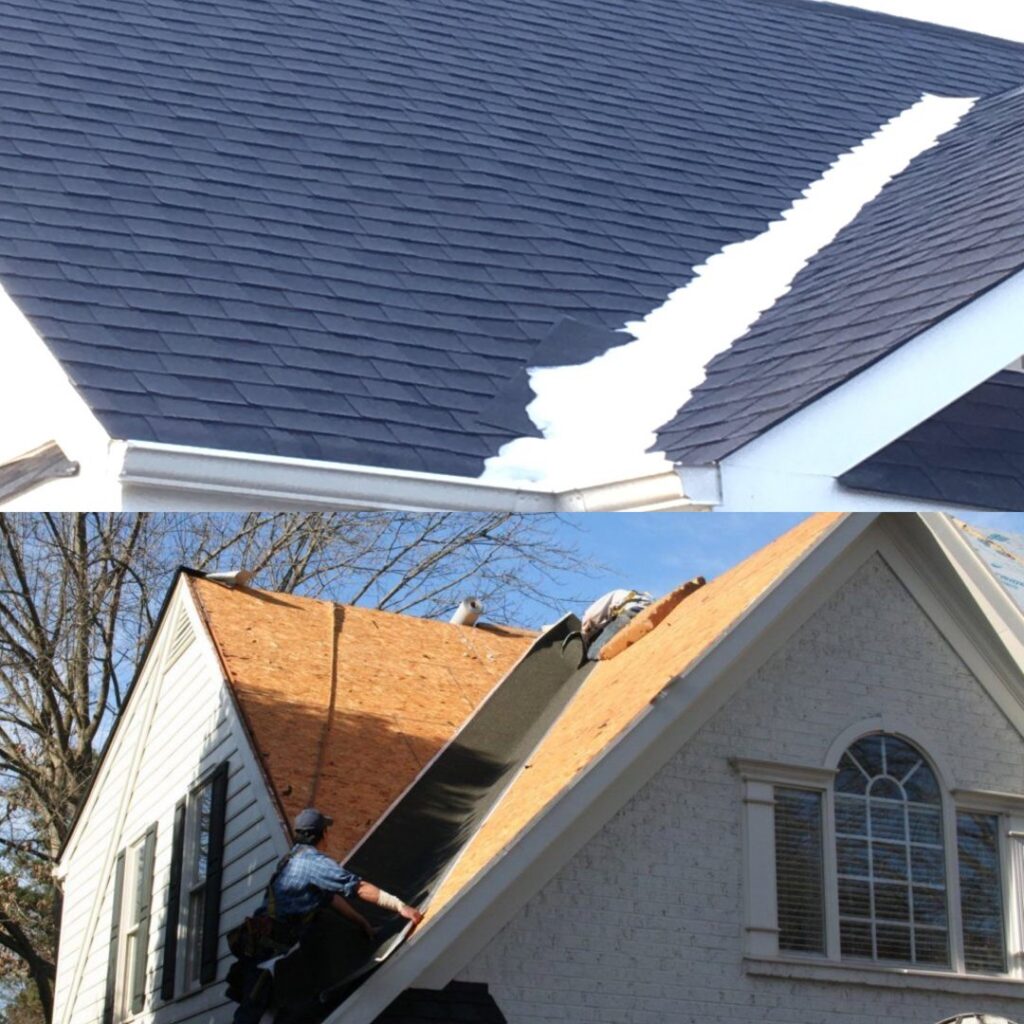 Roof repair and new shingle installation by Consolidated Roofing Systems, Inc. in Cary, NC, showing before and after.