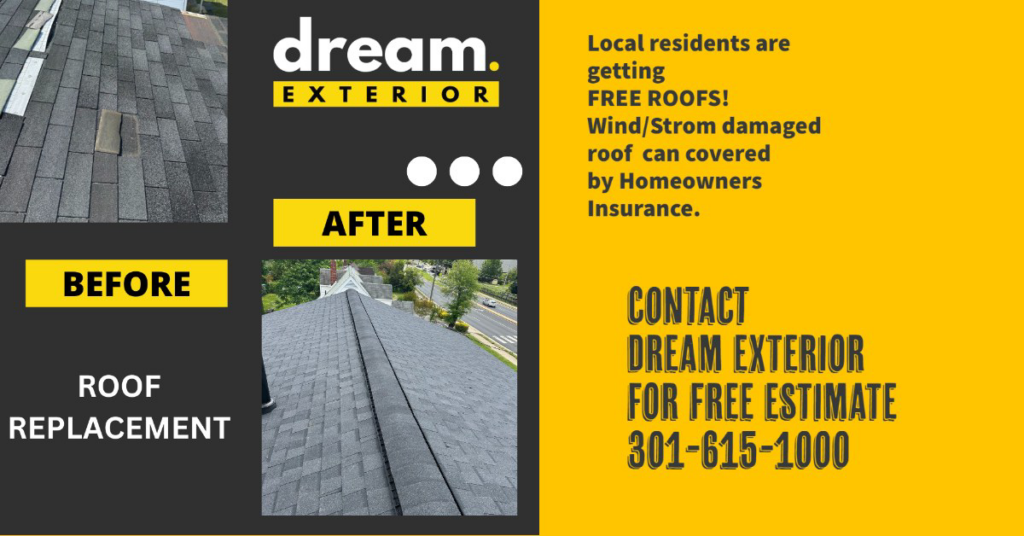 Before and after of a roof replacement project completed by Dream Exterior in Gaithersburg, MD.