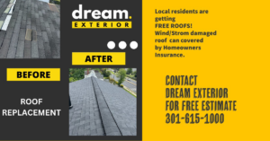 Before and after of a roof replacement project completed by Dream Exterior in Gaithersburg, MD.