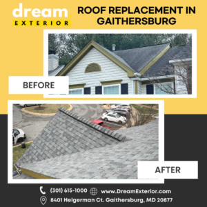 Before and after of a residential roof replacement by Dream Exterior in Gaithersburg, MD.