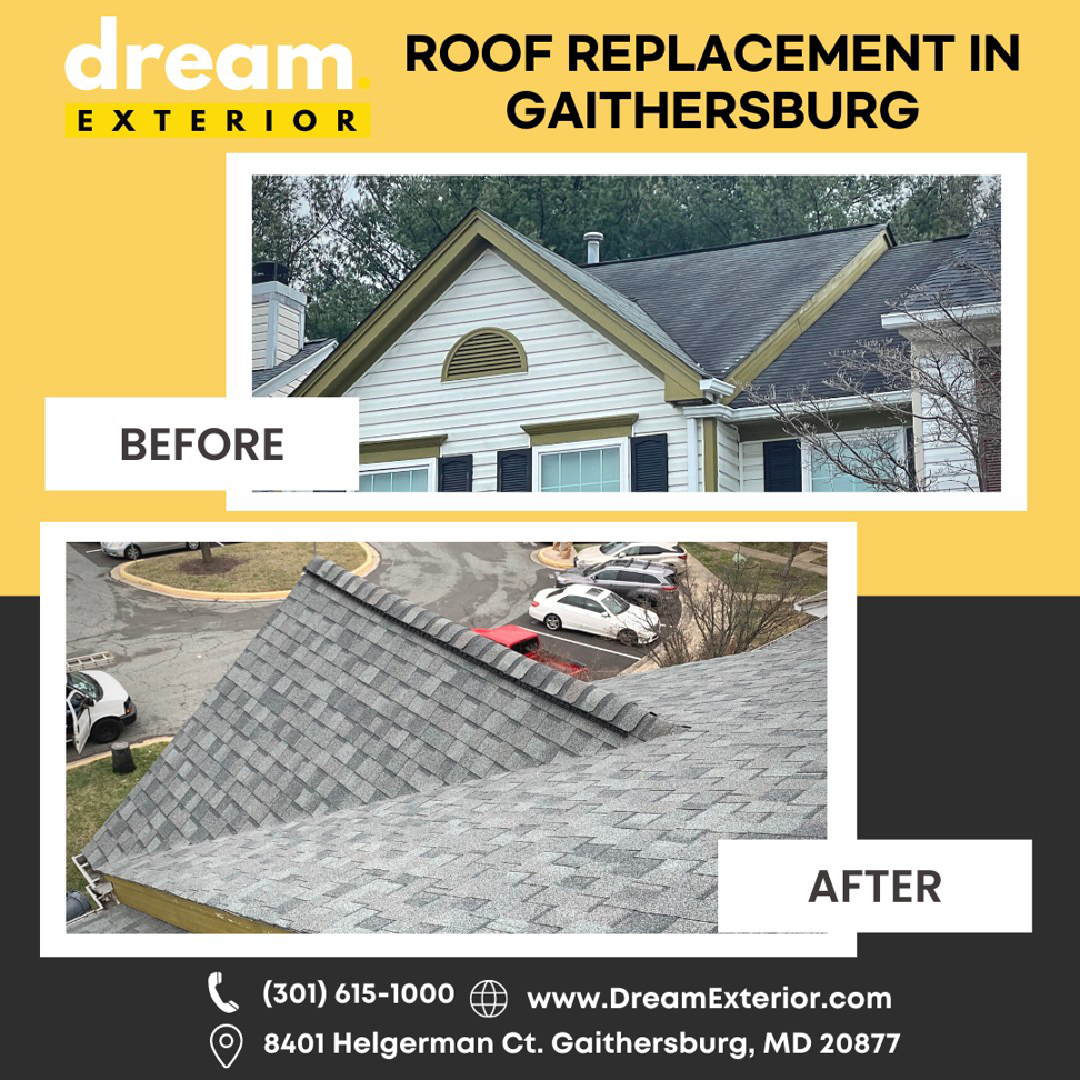 Before and after of a residential roof replacement by Dream Exterior in Gaithersburg, MD.