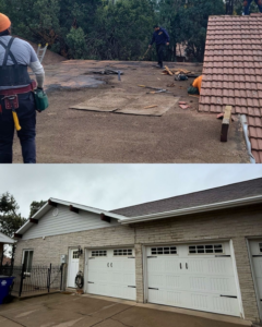 Before and after view of a complete roof replacement project by Right Way Construction in Englewood, CO.