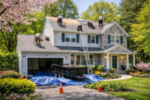 Roof replacement crew working on a house by Gibson Construction Services LLC in Dunlap, TN