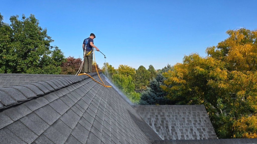 A roof restoration specialist spraying a protective treatment on a residential roof for Roof Maxx of S Aurora, CO
