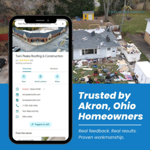 Roofing work in progress on a residential house by Twin Peaks Roofing & Construction in Akron, OH