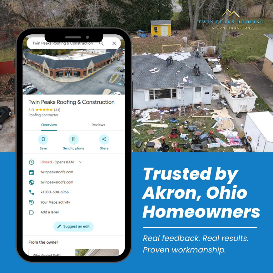 Roofing work in progress on a residential house by Twin Peaks Roofing & Construction in Akron, OH