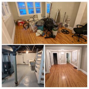 Collage showing a cluttered room before and after junk removal by Esule Services LLC - Anoka Junk Removal in Andover, MN.