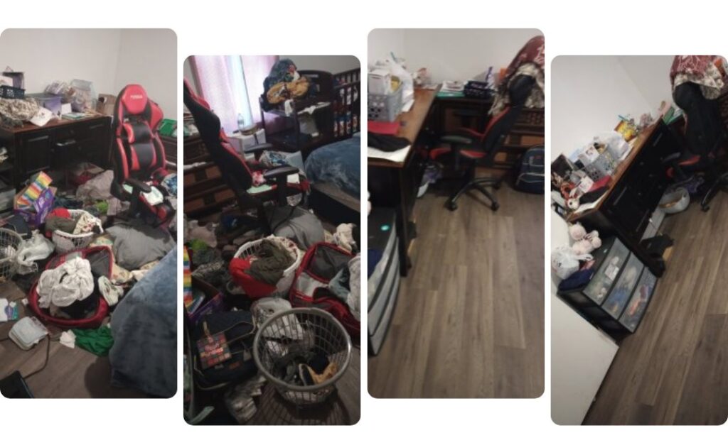 A before and after collage showing a messy room transformed into a clean, organized space by OSD in Springfield, MO