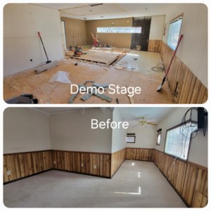 A before-and-during collage showing a room in the demolition stage before renovation by Rapid Renovations LLC in Rapid City, SD.