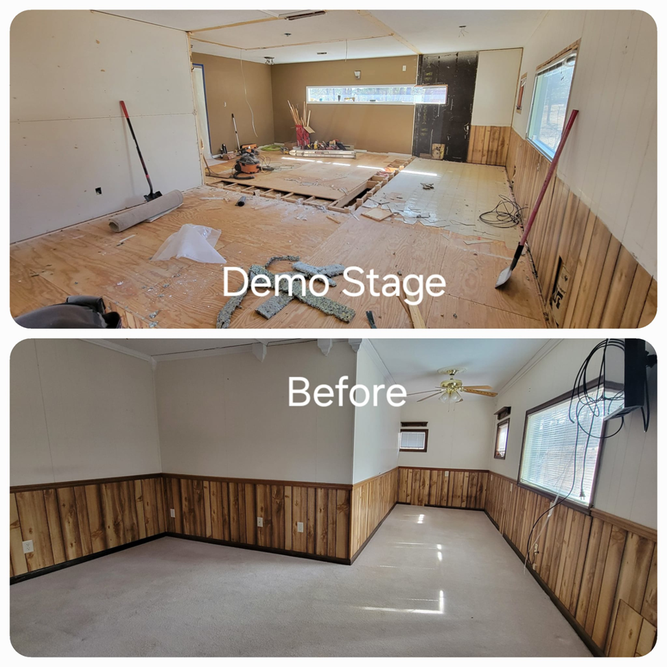 A before-and-during collage showing a room in the demolition stage before renovation by Rapid Renovations LLC in Rapid City, SD.