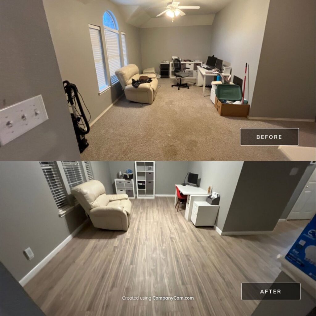 Before and after of a room with new flooring installed by TEXAN Home Improvements LLC in San Antonio, TX.