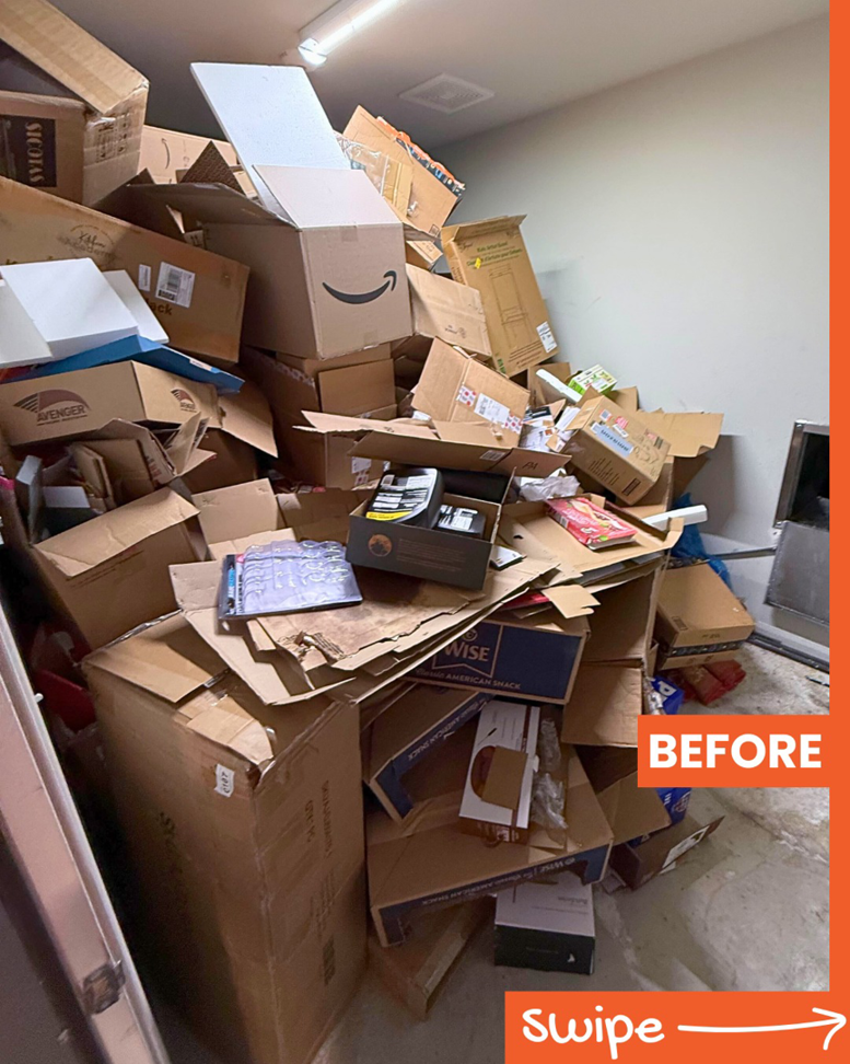 A room overflowing with cardboard boxes and clutter, showing a 'before' scene for JunkStart junk removal in San Antonio, TX.