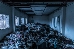 A room completely filled with junk and e-waste, ready for removal by E-Waste Recovery Systems in Sacramento, CA.