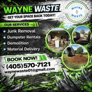 Composite image showing a room full of junk and a truck being loaded with debris by Wayne Waste, LLC in Moore, OK.