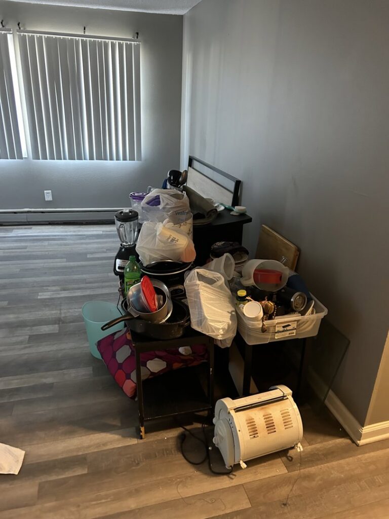 A room filled with kitchen items, boxes, and general clutter awaiting junk removal by The Goat Junk Removal in Ankeny, IA