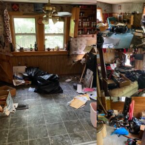 A collage showing a room filled with trash bags and various items, ready for junk removal by O'Brien Property Services in Clay, NY.