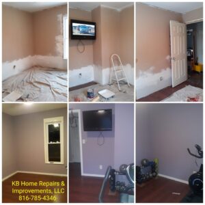 Before and after collage of a room painting and drywall repair project, showing walls prepped and freshly painted by KB Home Repairs & Improvements, LLC in Shawnee, KS.
