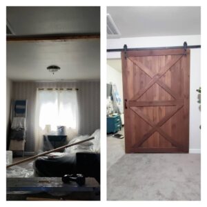 Before and after photos of a room renovation, showing an open ceiling and plastic-covered furniture transforming into a finished room with a new barn door, by Devco Construction LLC in West Valley City, UT