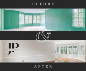 Before and after view of a room renovation completed by JP Builders in Raleigh, NC, showing new paint and updated finishes.