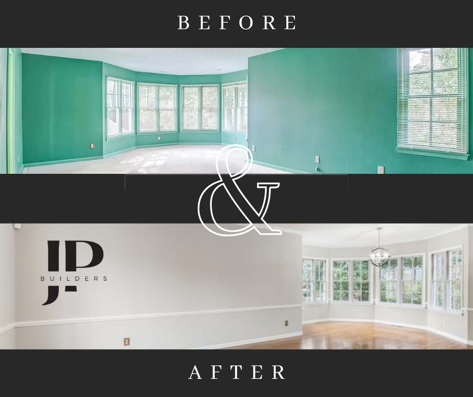 Before and after view of a room renovation completed by JP Builders in Raleigh, NC, showing new paint and updated finishes.