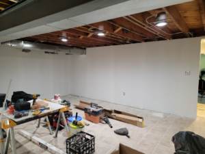 A room under construction during a renovation project by Jake Fortin Carpentry Services in Pittsburgh, PA.