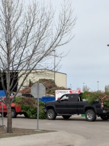 A row of green commercial dumpsters behind a fence, representing equipment used for junk removal services in Meridian, ID.