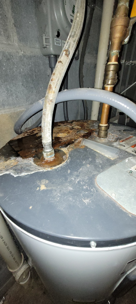 A rusted and leaking water heater needing repair or replacement by Ray's Property Services in Johnson City, TN