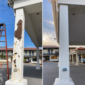 Before and after eco-blasting restoration of a rusty building pillar by Beach Eco Blasting in Virginia Beach, VA.