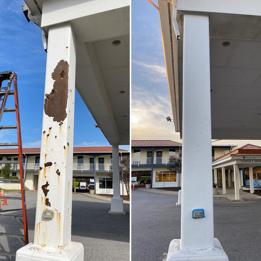 Before and after eco-blasting restoration of a rusty building pillar by Beach Eco Blasting in Virginia Beach, VA.