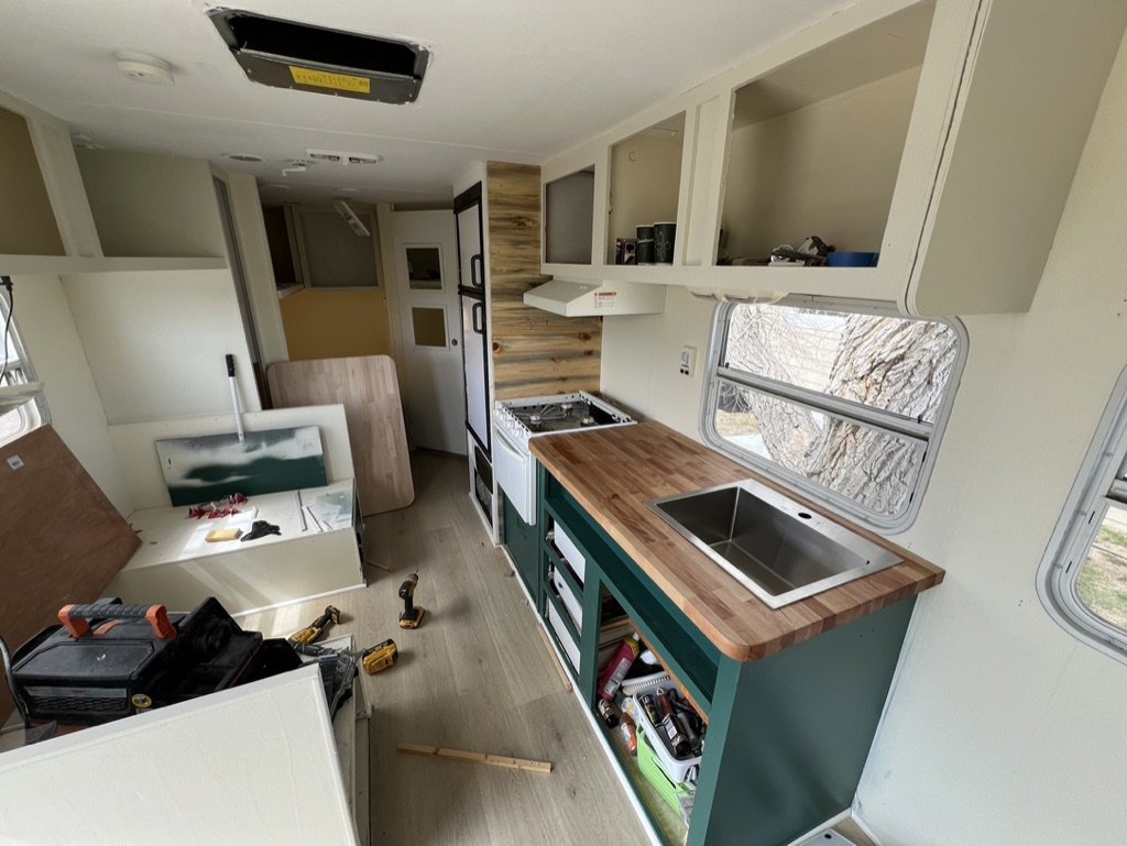 RV or camper interior renovation with new countertops and cabinets by High Plains Craftsmen in Cheyenne, WY.